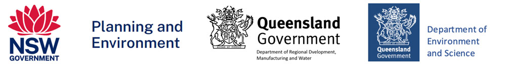 NSW Government Planning and Environment, Queensland Government Department of Regional Development, Manufacturing and Water, Queensland Government Department of Environment and Science logos